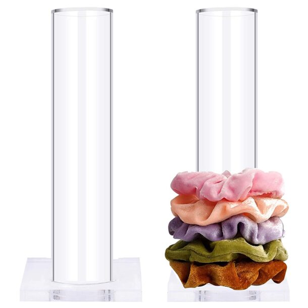 FANASSYY Acrylic Scrunchie Holder Stand Clear Jewelry Organizer Jewelry Bracelet Watch Display Stand T-bar Hairband Rack Holder Organizer Tower Hair Scrunchy Holder (Square Base)