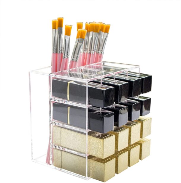 FANASSYY Clear Acrylic Lipstick & Brush Organizer – 16-Grid Lipstick Holder with 2 Compartments for Makeup Brushes | Countertop Cosmetic Storage Box & Display Rack