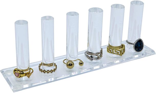 FANASSYY 6-Rod Ring Holder Stand | Clear Acrylic Cylinder Jewelry Organizer for Multiple Imitation Rings | Plastic Display Stand for Girls’ Vanity, Dressing Table & Showroom Use