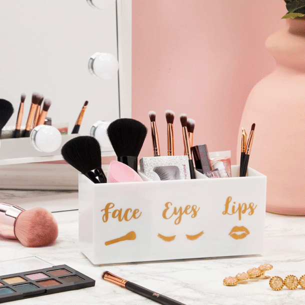 FANASSYY 3-Slot Acrylic Makeup Brush Holder – White & Golden Cosmetic Brush Organizer for Vanity Countertop | Face, Eyes & Lips Storage