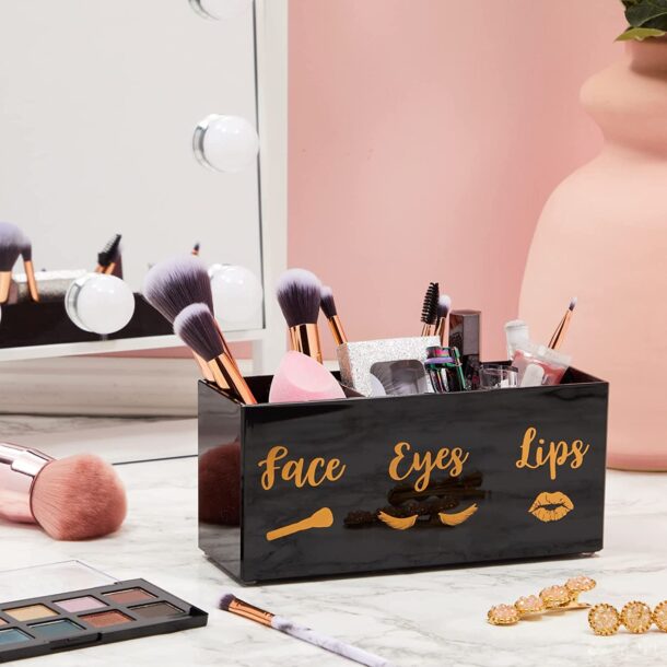 FANASSYY 3-Slot Acrylic Makeup Brush Holder – Black & Golden Cosmetic Brush Organizer for Vanity Countertop | Face, Eyes & Lips Storage