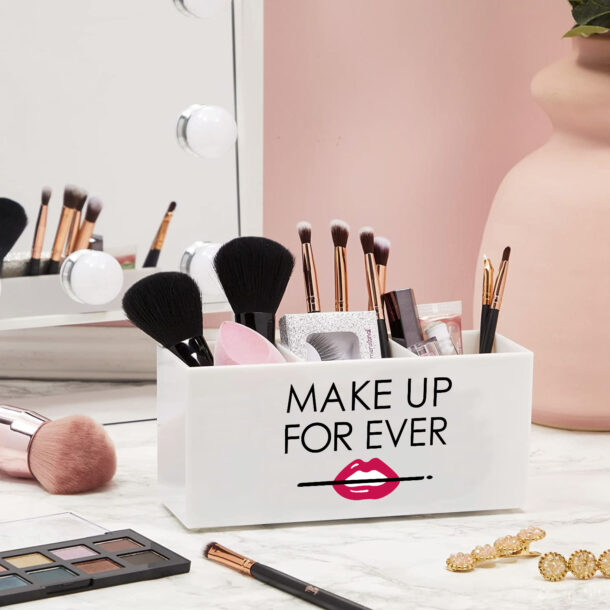 FANASSYY 3-Slot Acrylic Makeup Brush Holder – Sleek Cosmetic Brush Storage Organizer for Vanity or Bathroom Countertop (Design 3 with Clean Lines)