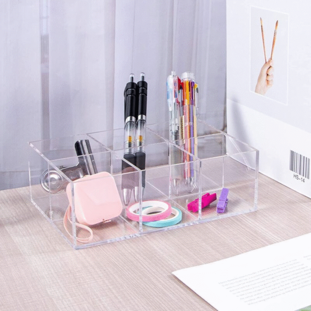 FANASSYY Clear Acrylic Bathroom & Vanity Drawer Organizer – 6-Compartment Makeup Brush Holder, Stationery Storage for Desk, Pen & Pencil Holder | Compact Storage Bin
