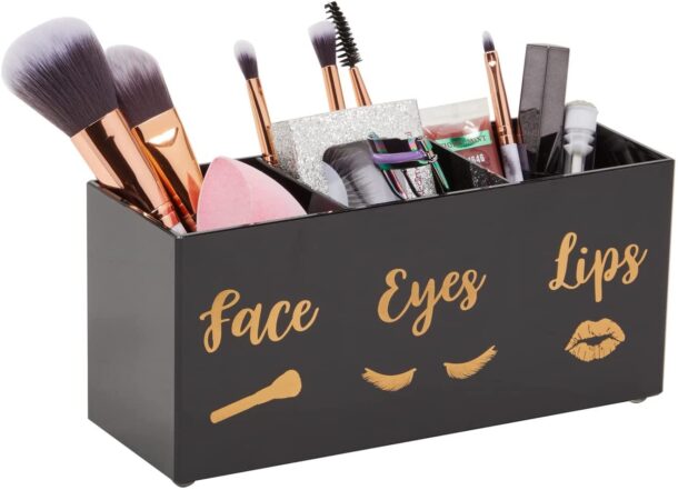 FANASSYY 3-Slot Acrylic Makeup Brush Holder – Black & Golden Cosmetic Brush Organizer for Vanity Countertop | Face, Eyes & Lips Storage