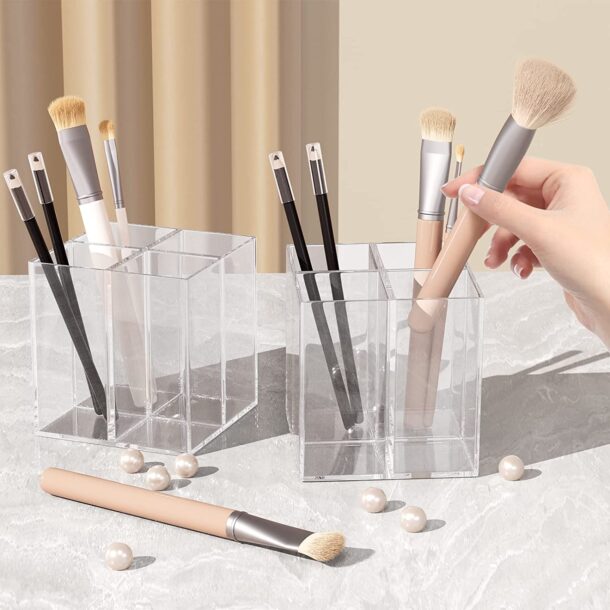 FANASSYY Clear Acrylic 4-Slot Makeup Brush Holder Organizer – Stylish Cosmetics, Eyeliner, and Pencil Storage Stand for Vanity or Bathroom Countertop