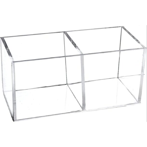 FANASSYY Clear Acrylic Bathroom & Vanity Drawer Organizer – 2-Compartment Makeup Brush & Stationery Holder | Desk Storage Bin for Pen, Pencil, Cosmetics & Office Essentials