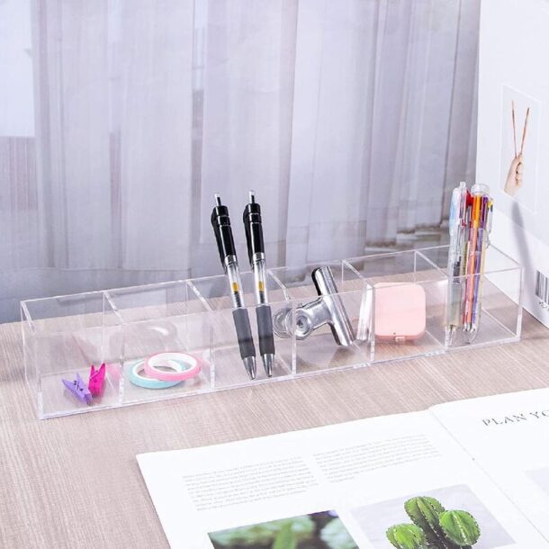 FANASSYY Clear Acrylic Bathroom & Vanity Drawer Organizer – 6-Compartment Long Makeup Brush Holder, Stationery & Desk Storage | Pen & Pencil Holder | Compact Storage Bin