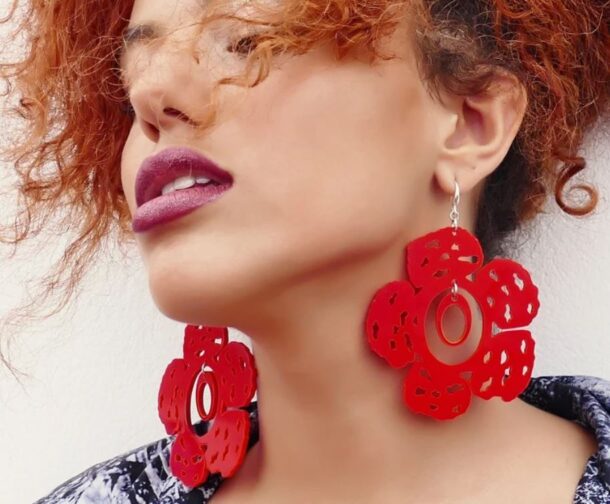 Fanassyy Statement Red Flower Oversize Earrings Dangling Hoop Acrylic Set for Women | Gifts for Women and Girl's | Casual Look | Traditional