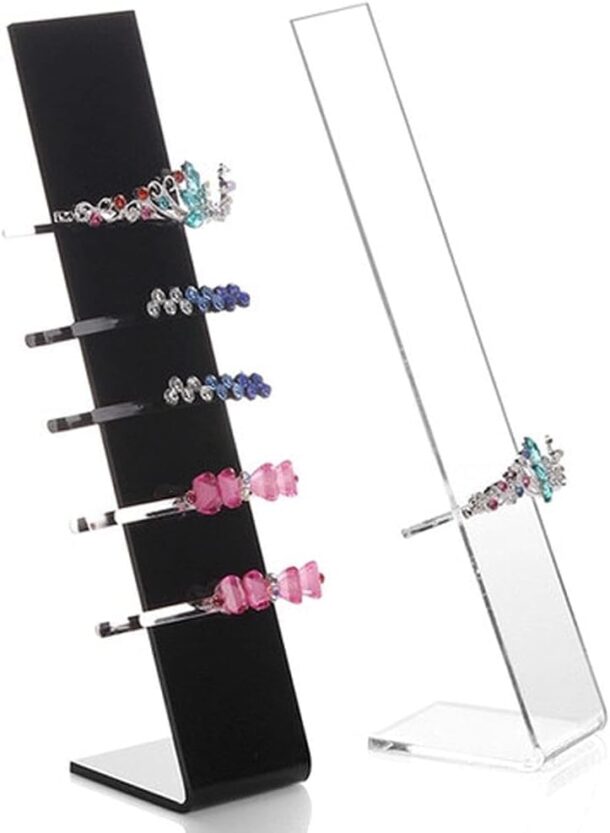 Fanassyy Acrylic Hair Clip Display Stand – L-Shaped Hairpin & Hair Tie Organizer for Girls – Dual Color Holder for Hair Accessories (Transparent & Black, Pack of 2)