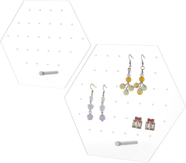 FANASSYY 2 Sizes Earring Display Stands, Clear Acrylic Earring Display Holders 70 Holes Hexagonal Earring Organizer Stands Ear Studs Holders for Storage Showcase Retail Selling Marketing (PACK OF 2)