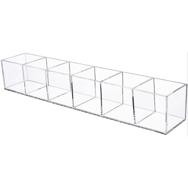 FANASSYY Clear Acrylic Bathroom & Vanity Drawer Organizer – 6-Compartment Long Makeup Brush Holder, Stationery & Desk Storage | Pen & Pencil Holder | Compact Storage Bin