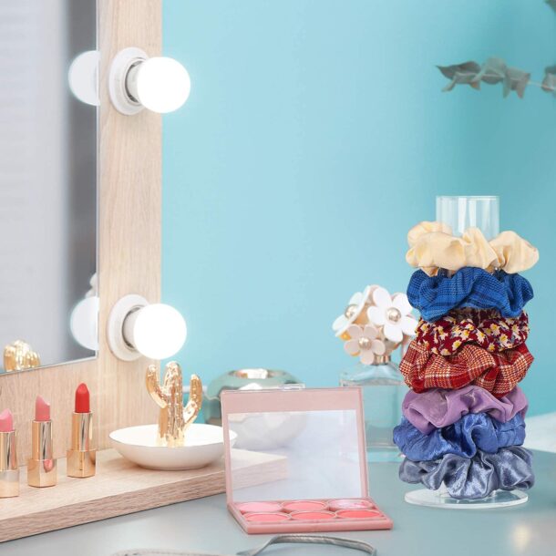 FANASSYY Acrylic Scrunchie Holder Stand - Clear Jewelry Organizer, Bracelet Watch Display, T-bar Hairband Rack, Hair Scrunchy Organizer Tower (Round Base)