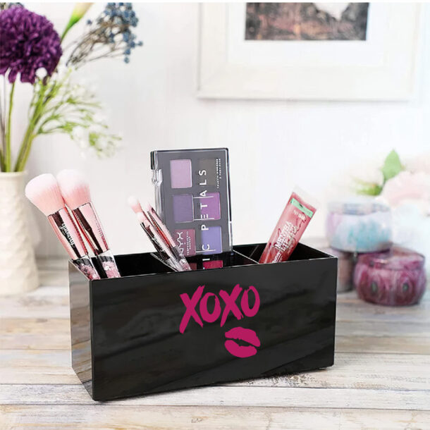 FANASSYY 3-Slot Acrylic Makeup Brush Holder – Cosmetic Brush Storage Organizer for Vanity or Bathroom Countertop (Design 2 with Sleek Design)