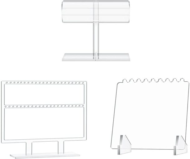 FANASSYY 3 Pieces Acrylic Jewelry Stands Set Acrylic Earrings Display Stand Acrylic Bracelet Display Rack Clear Necklace Holder Organizer for Jewelry Storage (Pack of 3)
