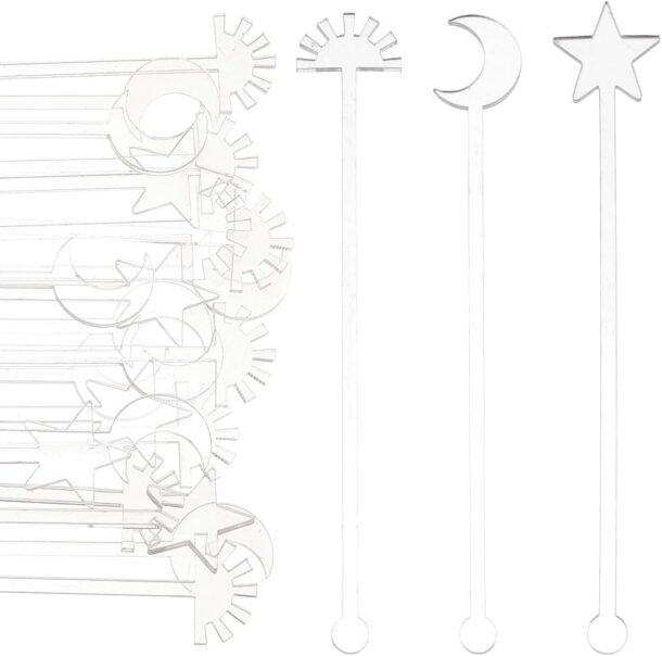 Fanassyy Acrylic Drink Stirrers – Set of 3 Reusable Cocktail Stir Sticks in Moon, Star & Sun Design | Transparent Coffee & Bar Mixing Sticks for Whiskey, Cocktails, Parties & Home Bar