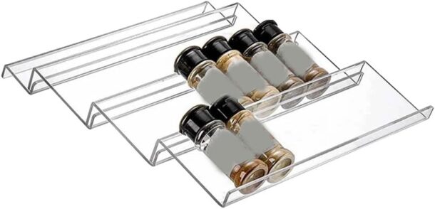 FANASSYY Acrylic Spice Drawer Organizer 4 Tier Acrylic Seasoning Organizer Rack Clear Spice Rack Tray Kitchen Seasoning Jars Drawers Insert (Jars Not Included/Expandable From 9'' to 18'' approx.)