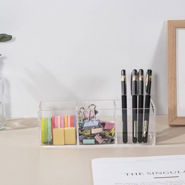 FANASSYY Clear Acrylic Makeup & Vanity Organizer – 3-Compartment Bathroom Countertop Storage Bin for Cosmetics, Skincare, and Makeup Tools | Sleek Vanity Organizer