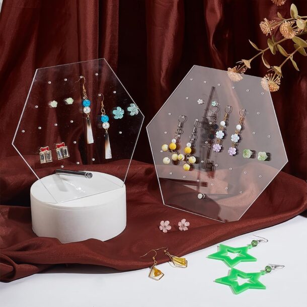 FANASSYY 2 Sizes Earring Display Stands, Clear Acrylic Earring Display Holders 70 Holes Hexagonal Earring Organizer Stands Ear Studs Holders for Storage Showcase Retail Selling Marketing (PACK OF 2)