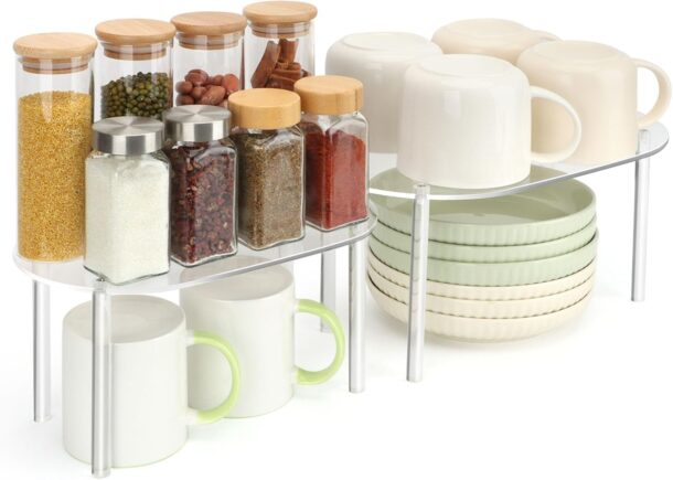 FANASSYY Clear Acrylic Cabinet Organizer Set of 2 Stackable Kitchen Counter Shelves for Spice Racks Pantry & Countertop Storage Space-Saving Bathroom Desk Organizer Countertop Shelf