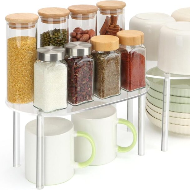 FANASSYY Clear Acrylic Cabinet Organizer Set of 2 Stackable Kitchen Counter Shelves for Spice Racks Pantry & Countertop Storage Space-Saving Bathroom Desk Organizer Countertop Shelf