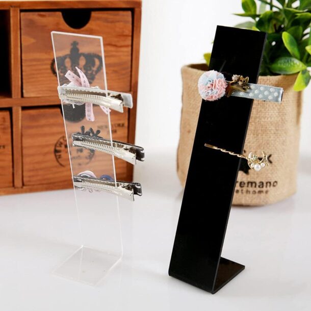 Fanassyy Acrylic Hair Clip Display Stand – L-Shaped Hairpin & Hair Tie Organizer for Girls – Dual Color Holder for Hair Accessories (Transparent & Black, Pack of 2)