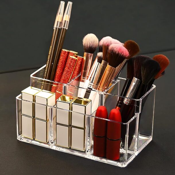 FANASSYY 6-Slot Clear Acrylic Storage Container – Makeup Brush Holder & Desktop Organizer for Vanity, Home, Office | Pen, Pencil, Eyeliner, Eyebrow, Cosmetic & Stationery Storage
