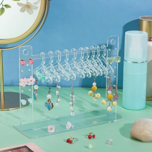 FANASSYY Clear Earring Stand Modern, Formal Display Acrylic Earring Display Stands Necklace Mini Hanger Rack Organizer Jewelry Ear Studs Holder for Retail Show Personal Exhibition Jewelry Display