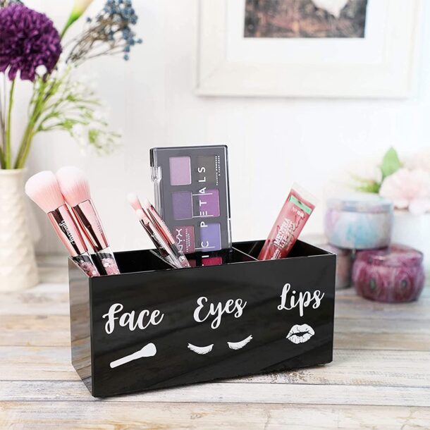 FANASSYY 3-Slot Acrylic Makeup Brush Holder – Black & White Cosmetic Brush Organizer for Vanity Countertop | Face, Eyes & Lips Makeup Brushes Storage