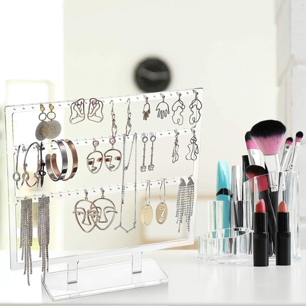 FANASSYY Clear Earring Display Stand Earrings Organizer 66 Holes 3-layered Ear Stud Holder Jewelry Display Stands