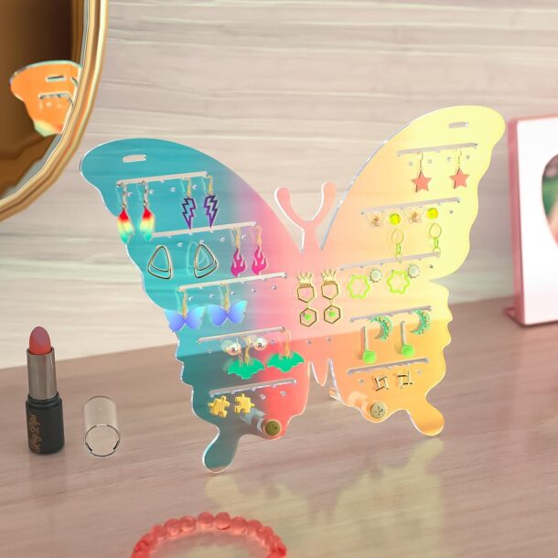 FANASSYY Iridescent Acrylic Butterfly Stud Earring Organizer Rack, 50 Holes & 54 Slots Wall Hanging or Tabletop Jewelry Display Stand, 9x7 Inch Durable Multicolored Jewelry Holder