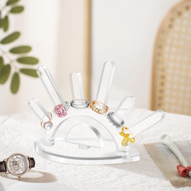 FANASSYY Ring Holder Clear Acrylic 6 Rod Ring Display Stand Necklace Bracelets Jewelry Organizer for Room decorations and Store event displays