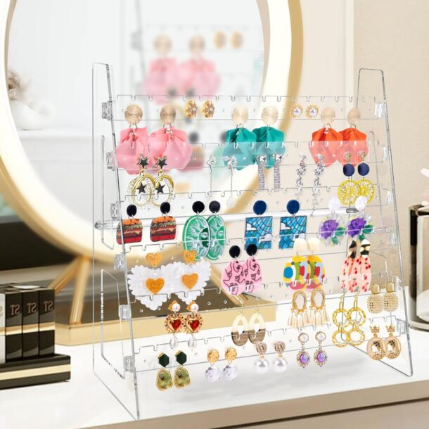 FANASSYY Acrylic Earring Holder Organizer 6 Layer Earring Display Stand Jewellery Storage Rack with 198 Holes Necklace Holder Jewelry Organizer for Women Girls