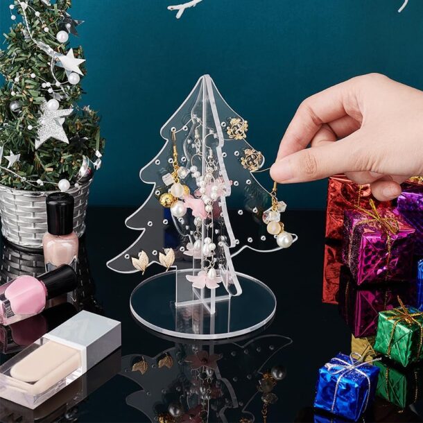 FANASSYY 1Pc Acrylic Christmas Tree Shaped Jewelry Display Stand Clear Earring Holder Stand Stud Organizer Display Countertop Jewelry Organizer