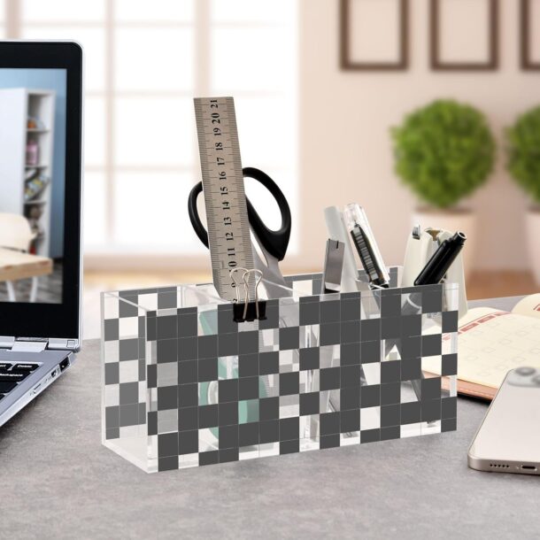 FANASSYY Black and White Checkered Pattern Acrylic Desk Pen Holder – 4 Compartments Clear Desktop Organizer, Plastic Makeup Holder for Office, School Supplies, and Makeup Brushes