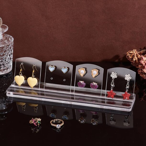 FANASSYY Acrylic Earring Stand with 4 Stud Cards for Studs Pins Jewelry Display Earring Organizer Rack for Selling Small Earring Holder Stand for Home Small Business Trade