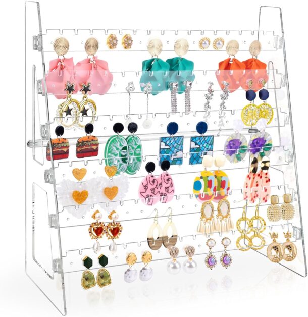 FANASSYY Acrylic Earring Holder Organizer 6 Layer Earring Display Stand Jewellery Storage Rack with 198 Holes Necklace Holder Jewelry Organizer for Women Girls