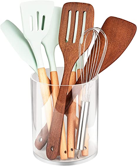 FANASSYY MULTIPURPOSE organizer Kitchen Utensil Holder for Countertop Acrylic Large Cooking Tools Storage Utensils Organizer Spoon Holder Round Caddy Crock Home Décor (Without Drainage Holes)