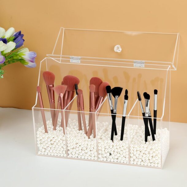 Fanassyy Acrylic Makeup Organizer, Clear Cosmetic Brush Storage Box, Makeup Brush Holder with Lid for Storage on Dressing Tables and Vanity (No Pearls)
