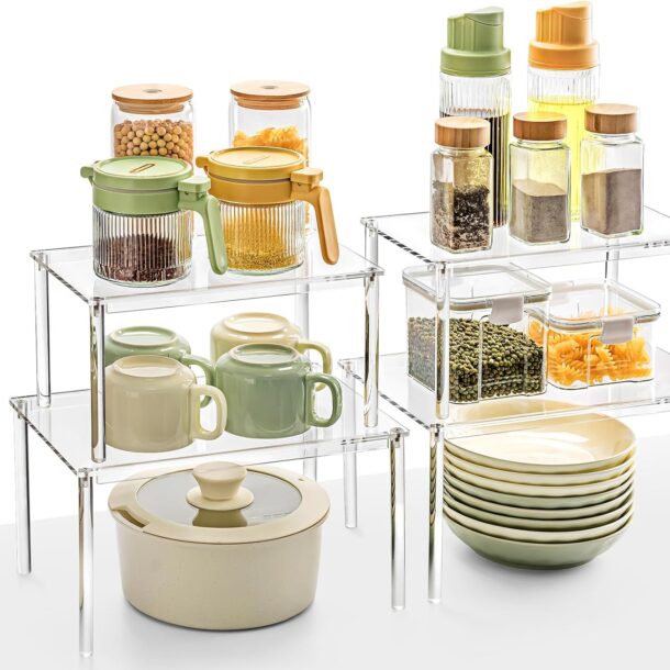 FANASSYY Acrylic Cabinet Organizer, Set of 4 Spice Rack Organizer for Cabinet, Desk Countertop Shelf Organizer, Pantry Kitchen Storage and Organization, Stackable Shelves House Essentials for Gift