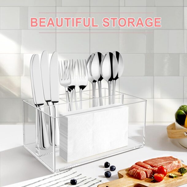 FANASSYY Acrylic Silverware Caddy – 4-Compartment Cutlery Holder, Tableware Storage Box for Napkin, Paper Plate, Knife, Spoon, and Fork Organizer
