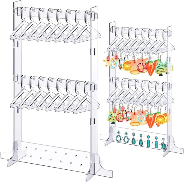 FANASSYY Acrylic Rack Holder Mini Hangers Jewelry Display Organizer Earrings Hanger Stand Acrylic Earring Holder With 16 Mini Coat Hangers for Storing Earrings (DESIGN 1)