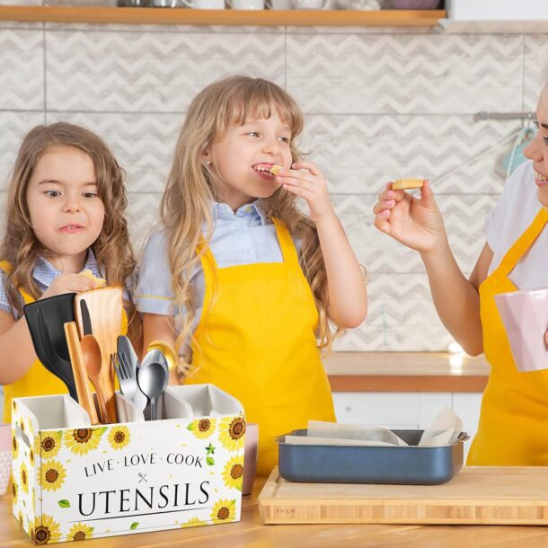 FANASSYY Sunflower Kitchen Utensil Holder for Countertop 4 Compartment Large Acrylic Cooking Utensil Organizer Kitchen Tools Storage for Home Counter