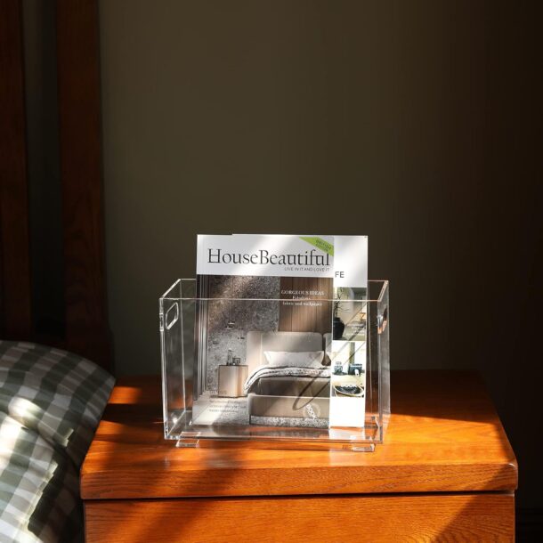 FANASSYY Crystal Clear Acrylic Magazine Holder,Space Saving Magazine Rack, Book Basket, Storage Organizer Bin for Living Room, Bathroom, Home Office, Newspapers Desk