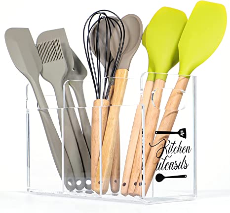 FANASSYY Kitchen Utensil Holder Clear Acrylic Countertop Utensil Holder Caddy Organizer Silverware Caddy Fork Spoon Knife Organizer with Handles for Party Buffet Dining Room (3 Compartments)