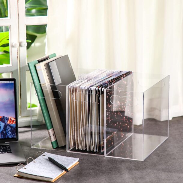 FANASSYY 3 Pcs Acrylic File Organizer Acrylic Desktop File Box with Handle Hanging Folder Clear Holder Filing Box for Office Home School Letter Size Folder Storage