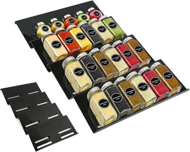 FANASSYY 4Pcs Black Acrylic Spice Drawer Organizer Seasoning Jars Drawers Insert Kitchen Spice Rack Tray for Drawer Spice Drawer Organizer Drawer Organizer Cabinet Countertop