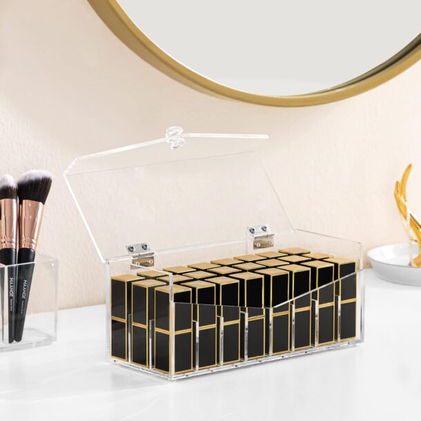 Fanassyy 24 Spaces Acrylic Lipstick Organizer with Lid, Dustproof Lipgloss Holder Case, Beauty Makeup Storage Cosmetic Organizer for Retail Shop, Women Dresser Vanity Countertop