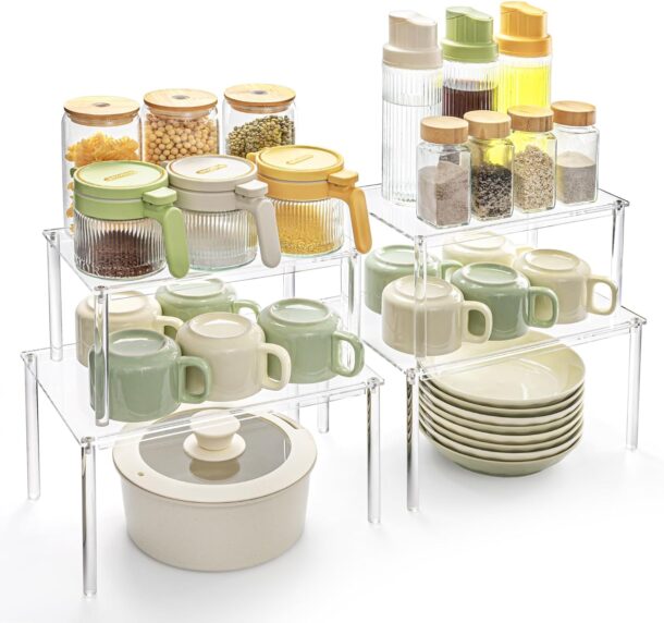 FANASSYY Acrylic Cabinet Organizer, Set of 4 Spice Rack Organizer for Cabinet, Desk Countertop Shelf Organizer, Pantry Kitchen Storage and Organization, Stackable Shelves House Essentials for Gift