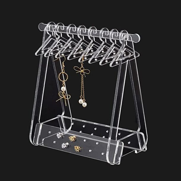 FANASSYY Cute Earring Rack Holder Acrylic Earring Holder Stand Earring Hanger Rack with Mini Hangers Cloth-horse Shape Jewelry Display for Retail Show Personal Exhibition (Pack of 1 With 8 Hangers)