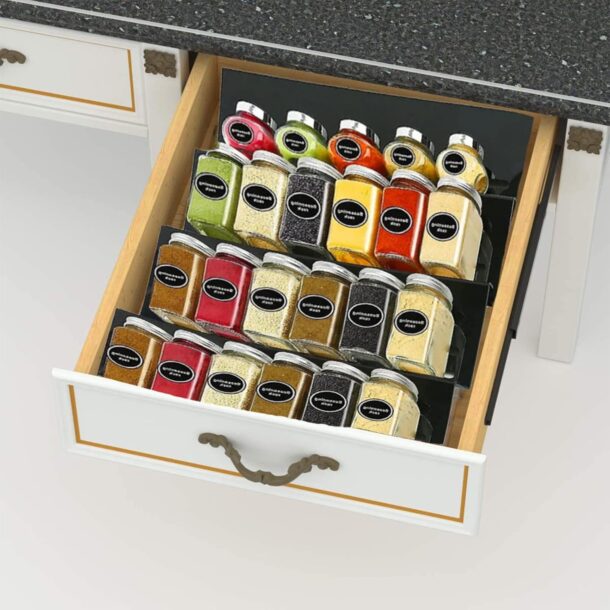 FANASSYY 4Pcs Black Acrylic Spice Drawer Organizer Seasoning Jars Drawers Insert Kitchen Spice Rack Tray for Drawer Spice Drawer Organizer Drawer Organizer Cabinet Countertop